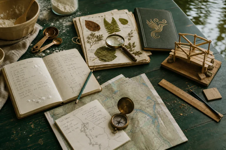 A learning table with baking measurements, nature notes, a map and compass, and a handmade bridge model