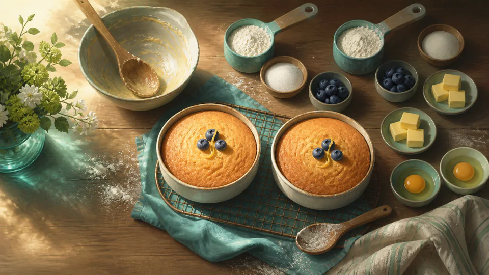 Two cakes beside the ingredients and notes used to scale one recipe into two
