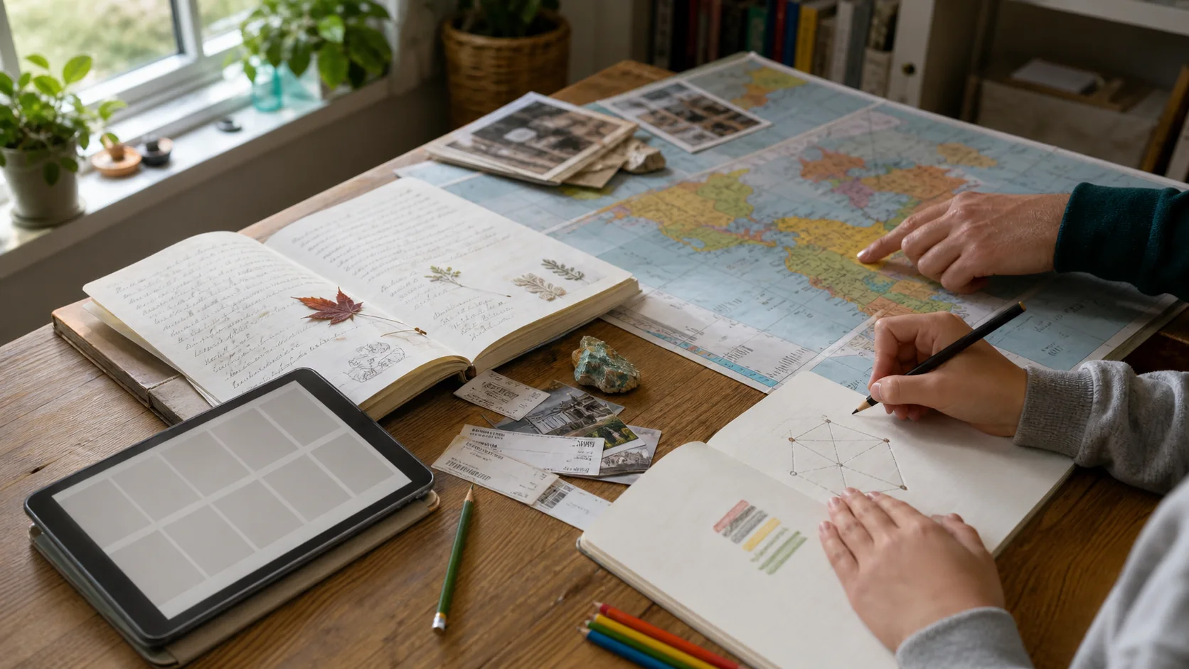 A parent and child use a learning journal, map, nature specimens, and geometry notebook together.